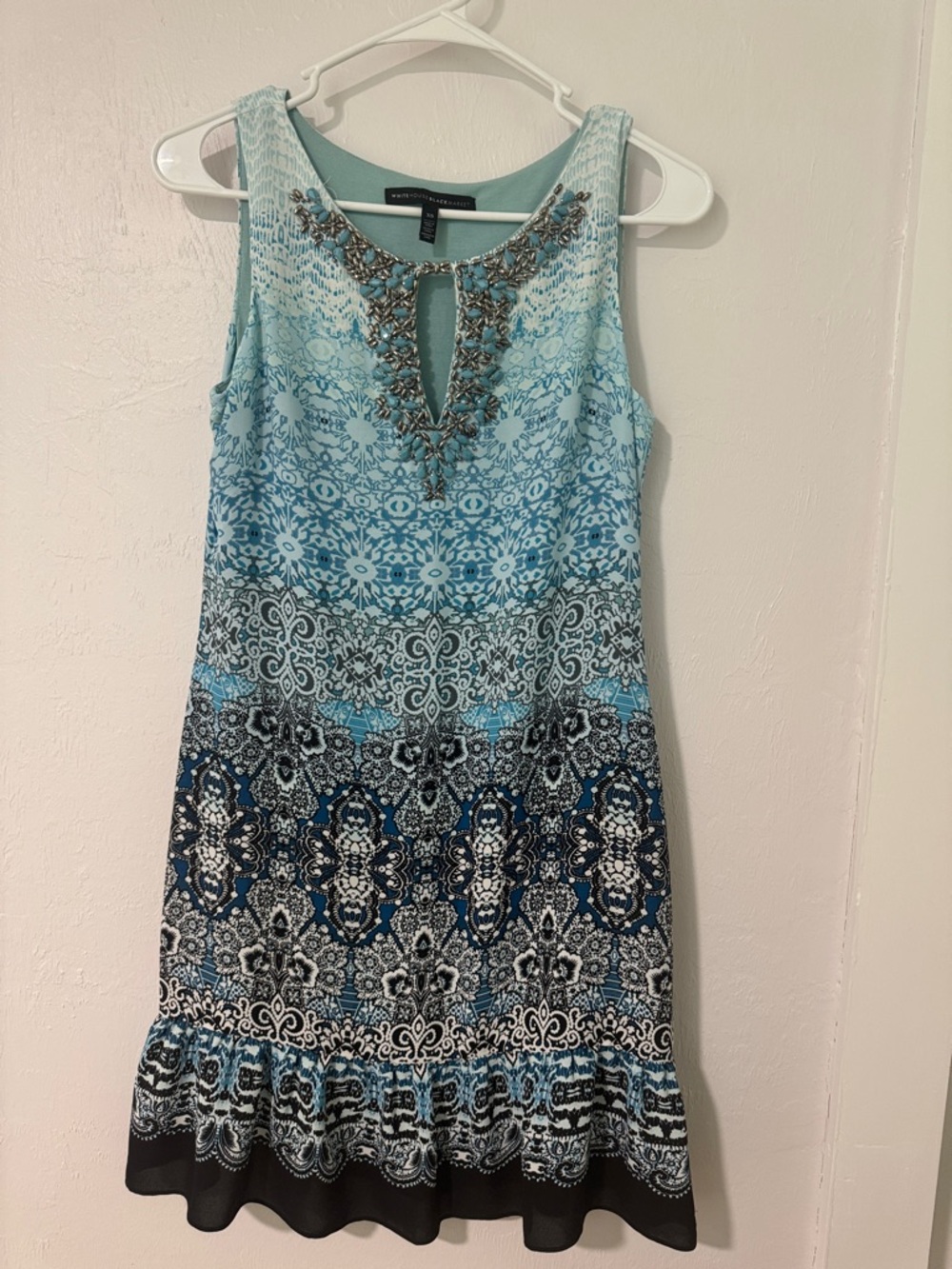 White House Black Market Blue Ombre Beaded Keyhole Mini Dress